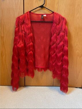 H&M Red Fringe Open-Front Cardigan